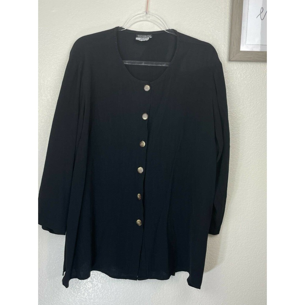 Suzannah James Flutter Sleeve Button Front Long Sleeve Black Linen Blouse Size L